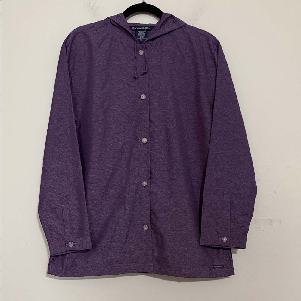 Exofficio Purple Hooded Shirt Jacket Mens M performance camp hiking fishing soft